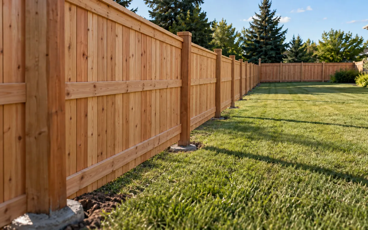 The same backyard with a finished stained cedar privacy fence and a top cap rail running the property line, no people