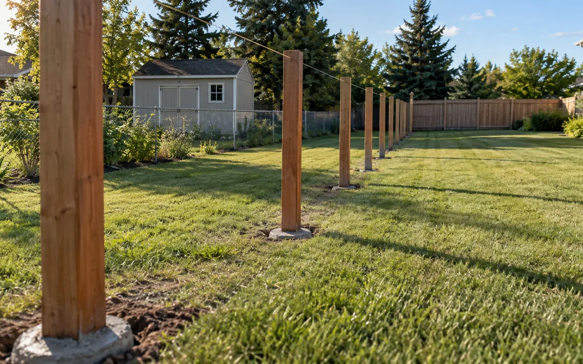 Bare wood posts set in fresh concrete along a string line in a backyard, no fence built yet, no people