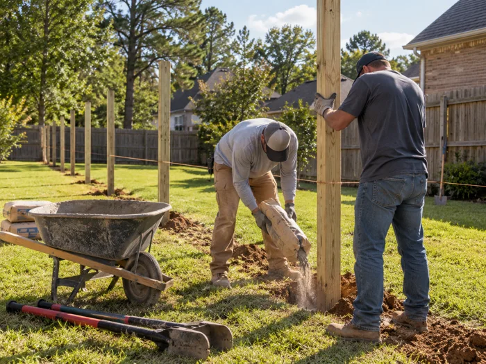 A row of fence posts set in concrete along a strung line, the rails not yet hung, no people