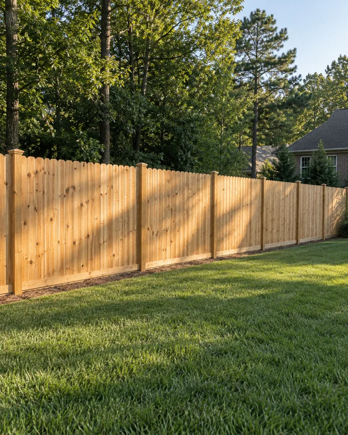 A new cedar privacy fence with a level top line along a back yard