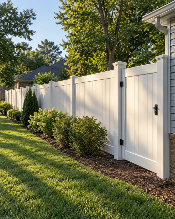 A white vinyl privacy fence with a matching gate