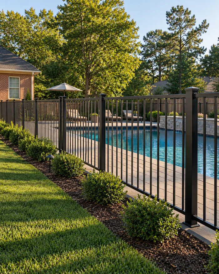 Black aluminum fence panels around a pool deck