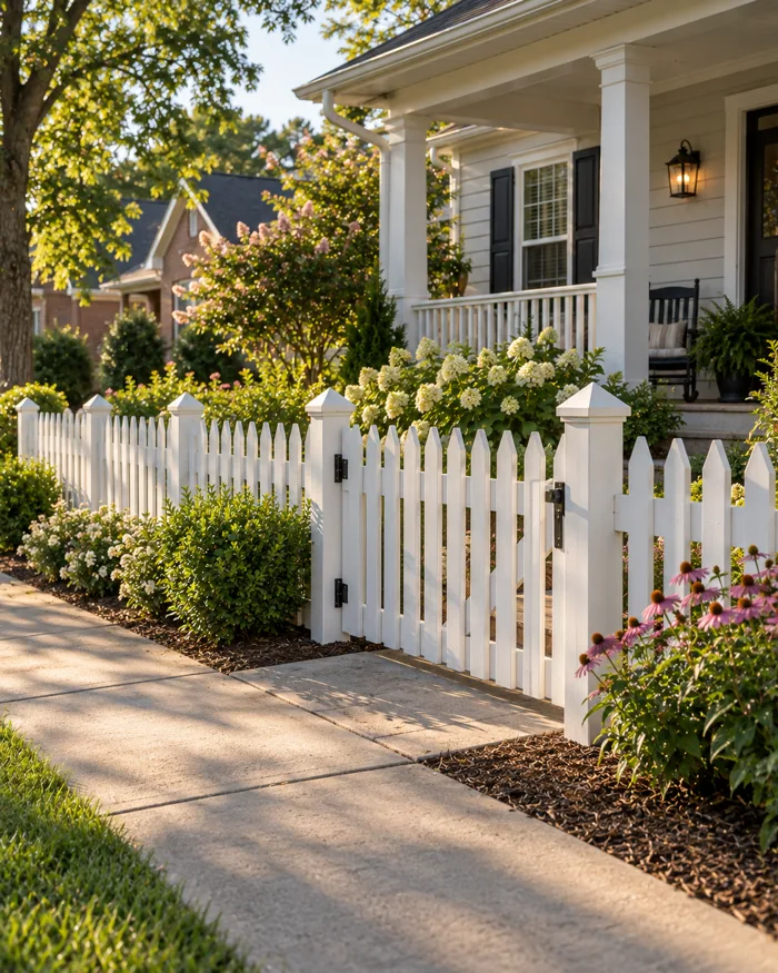 A white picket fence along a front walk with a matching gate