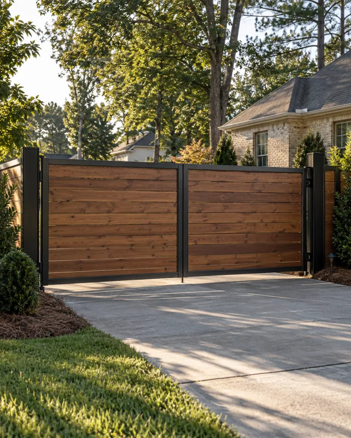 A wide wooden double drive gate hung on heavy posts