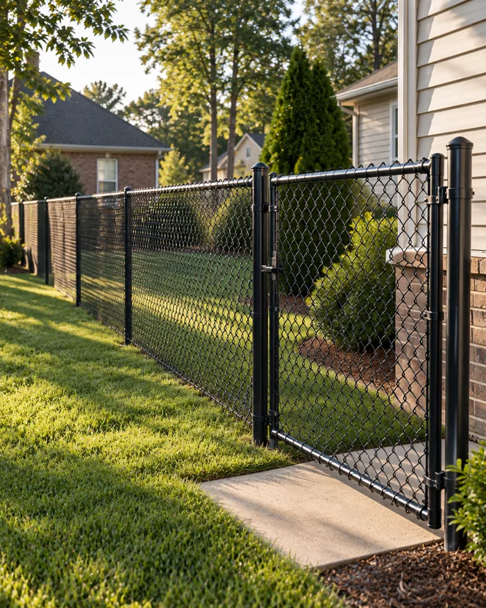 A black chain link fence along a side yard with a walk gate