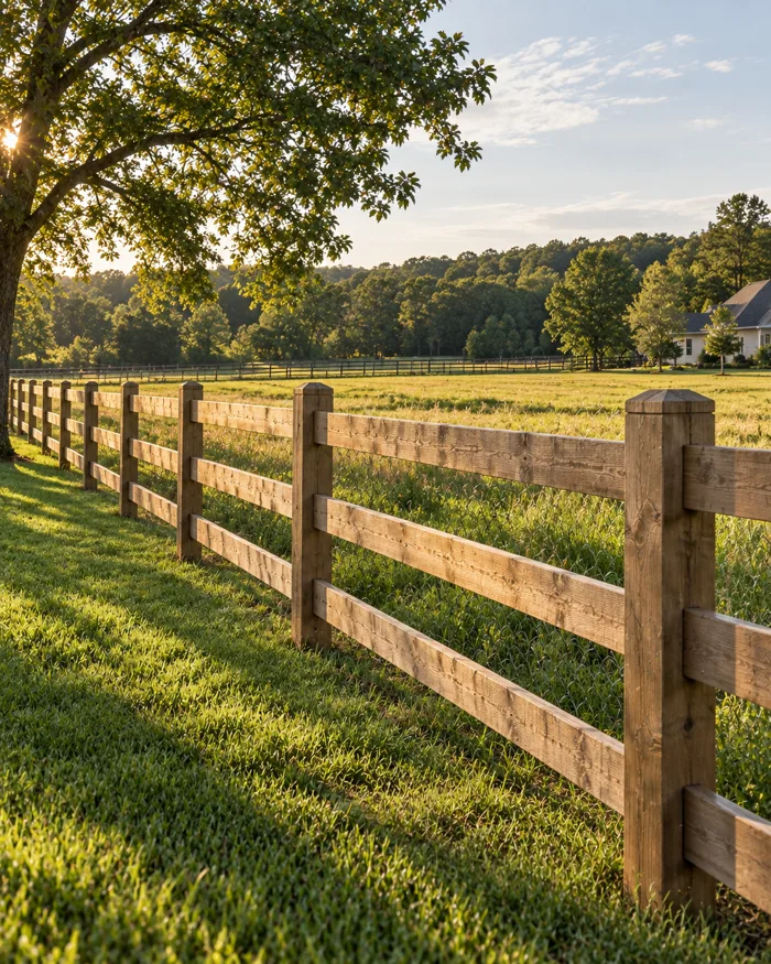 A three rail wooden ranch fence running along a property line