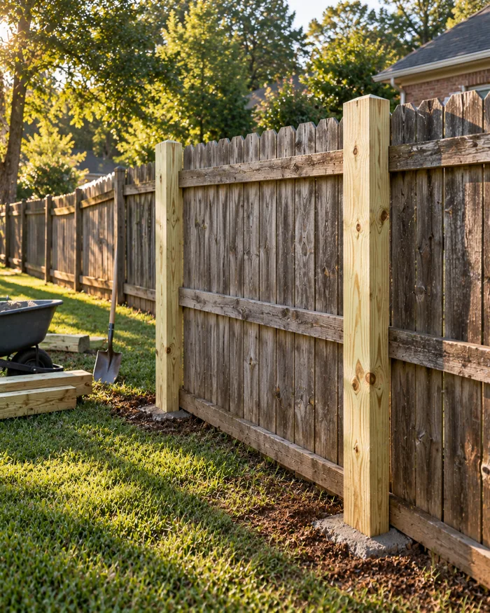 A fence section with new posts reset straight and the old boards rehung